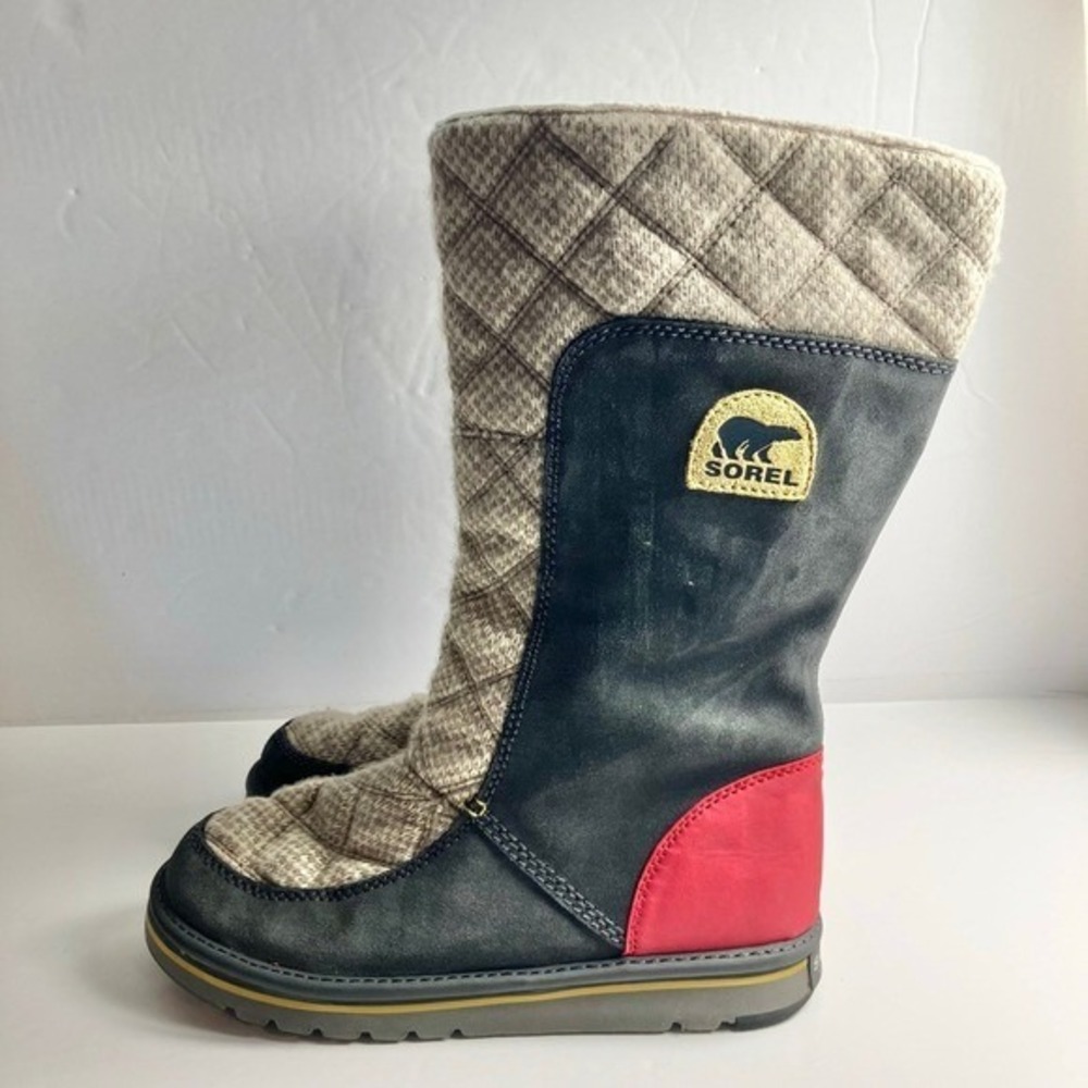 Sorel Glacy Explorer Winter Boots Womens 10 Grey Red Quilted Wool NL2075-028